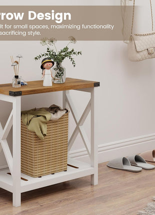 Set of 2 Farmhouse End Tables with Charging Station, Slim Nightstand for Compact Spaces, Storage Shelf, White and Brown Finish