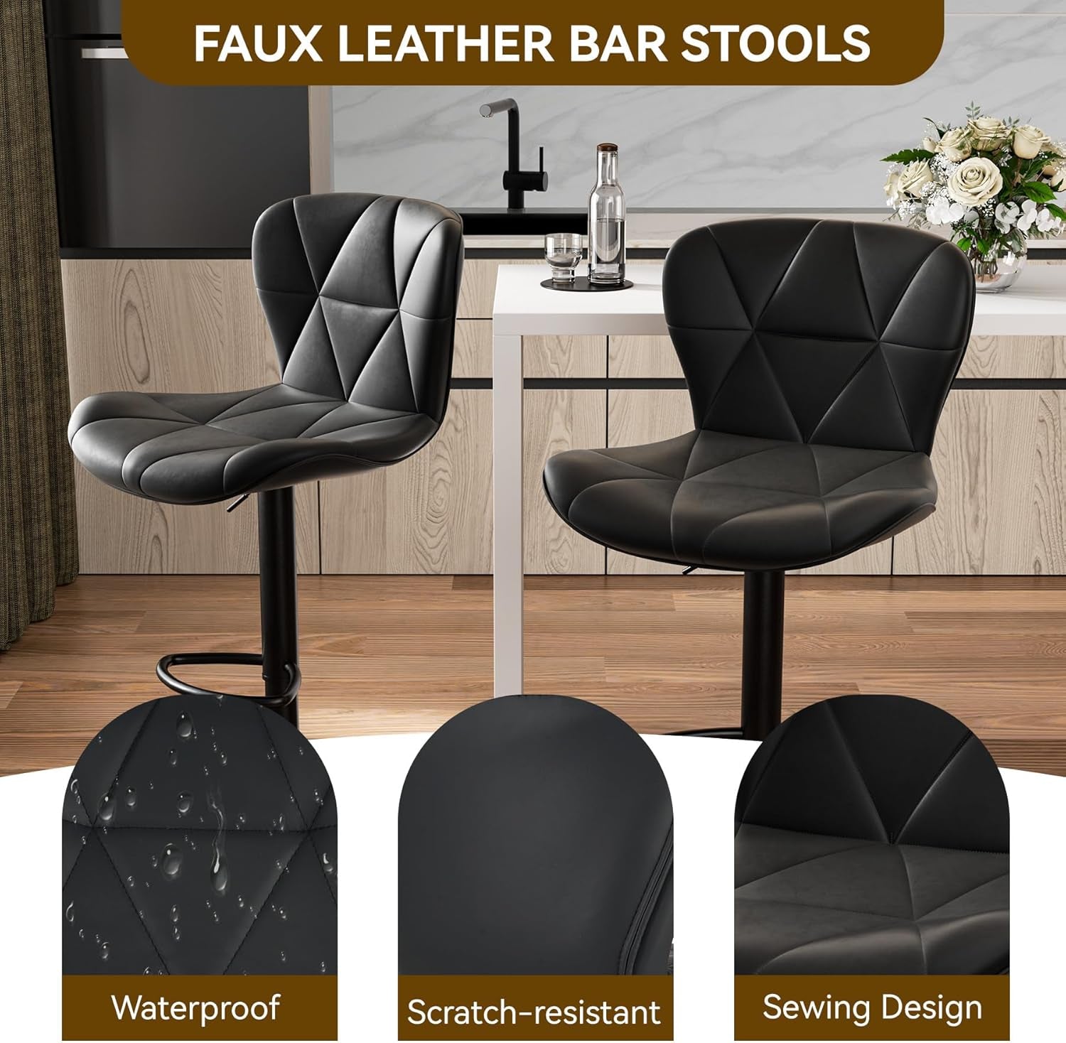 Modern Bar Stools Set of 2, Adjustable Faux Leather Upholstered Swivel Bar Stools, Counter Height Bar Chairs with Back for Kitchen Island, Black