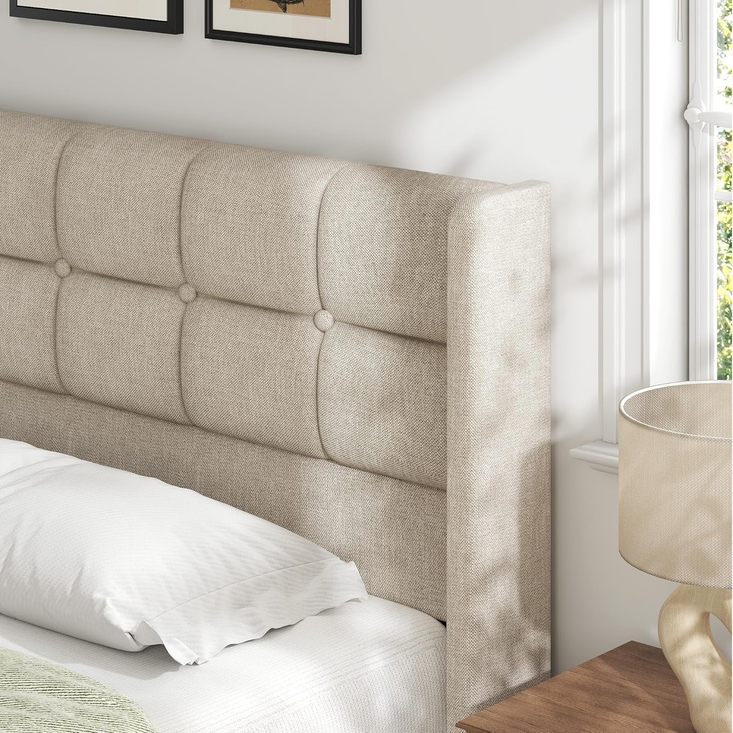 King Size Lift up Storage Bed Frame, Linen Upholstered King Platform with Button Tufted Wingback Headboard and Under-Bed Storage, Hydraulic Support, No Box Spring Needed, Noise Free, Beige
