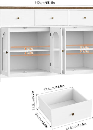 55.1" Large Farmhouse Buffet Cabinet with Storage, Featuring 3 Drawers and 4 Doors, Ideal for Kitchen and Dining Room Use