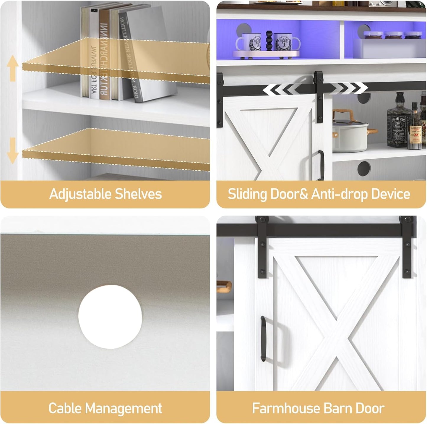 Farmhouse Coffee Bar Cabinet with Power Outlet, Rustic Sideboard Buffet Storage Cabinet with Storage, Wood Buffet Cabinet Serving Table Cupboard for Dining Room, Living Room, White