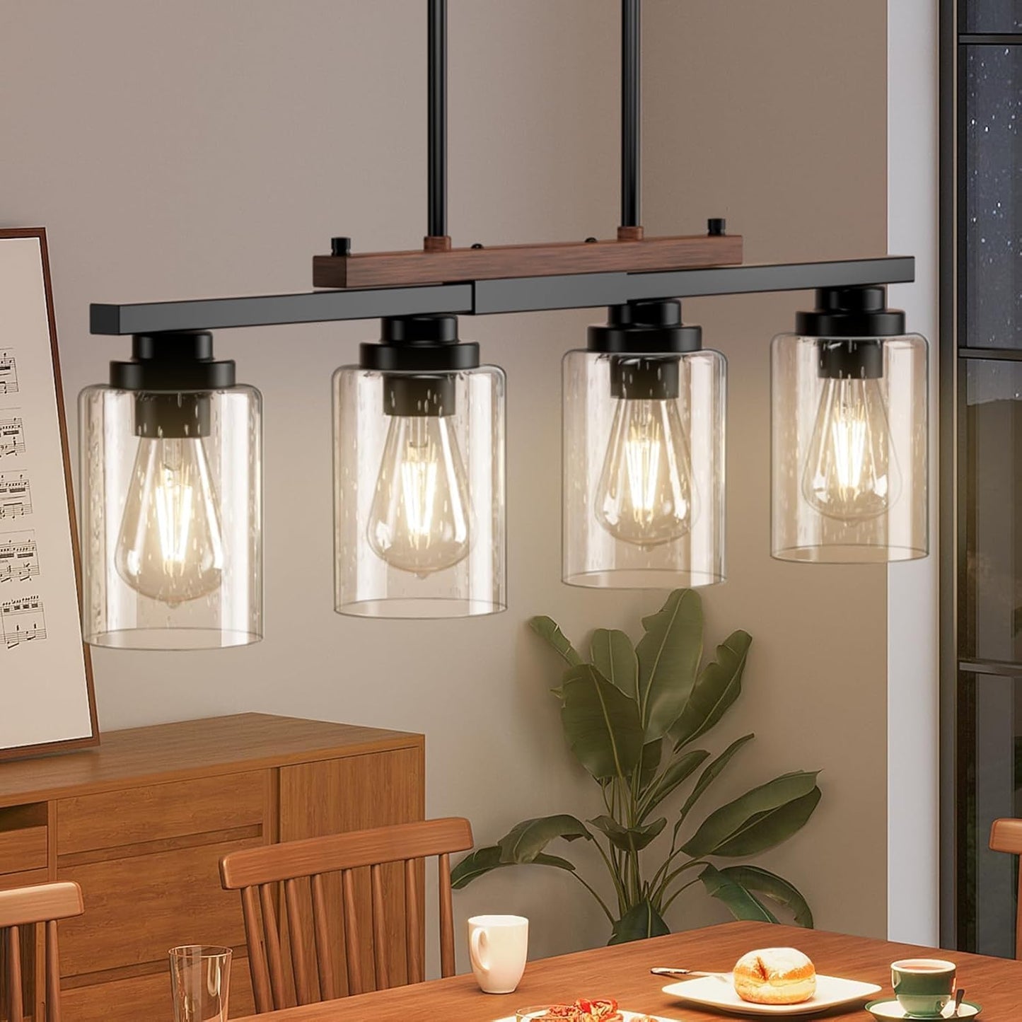 Dining Room Light Fixture 4-Light Kitchen Island Lighting with Adjustable Rods, Farmhouse Decor Black Metal & Wood Chandelier with Seeded Glass Shade, Island Lights for Kitchen