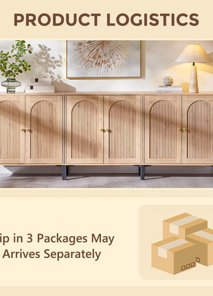 Contemporary Buffet Cabinet with Storage, 92.63" W Fluted Arched Sideboard with Adjustable Shelves, Wooden Modular Coffee Bar for Dining Room, Kitchen, Living Room, and Entryway, Natural Finish