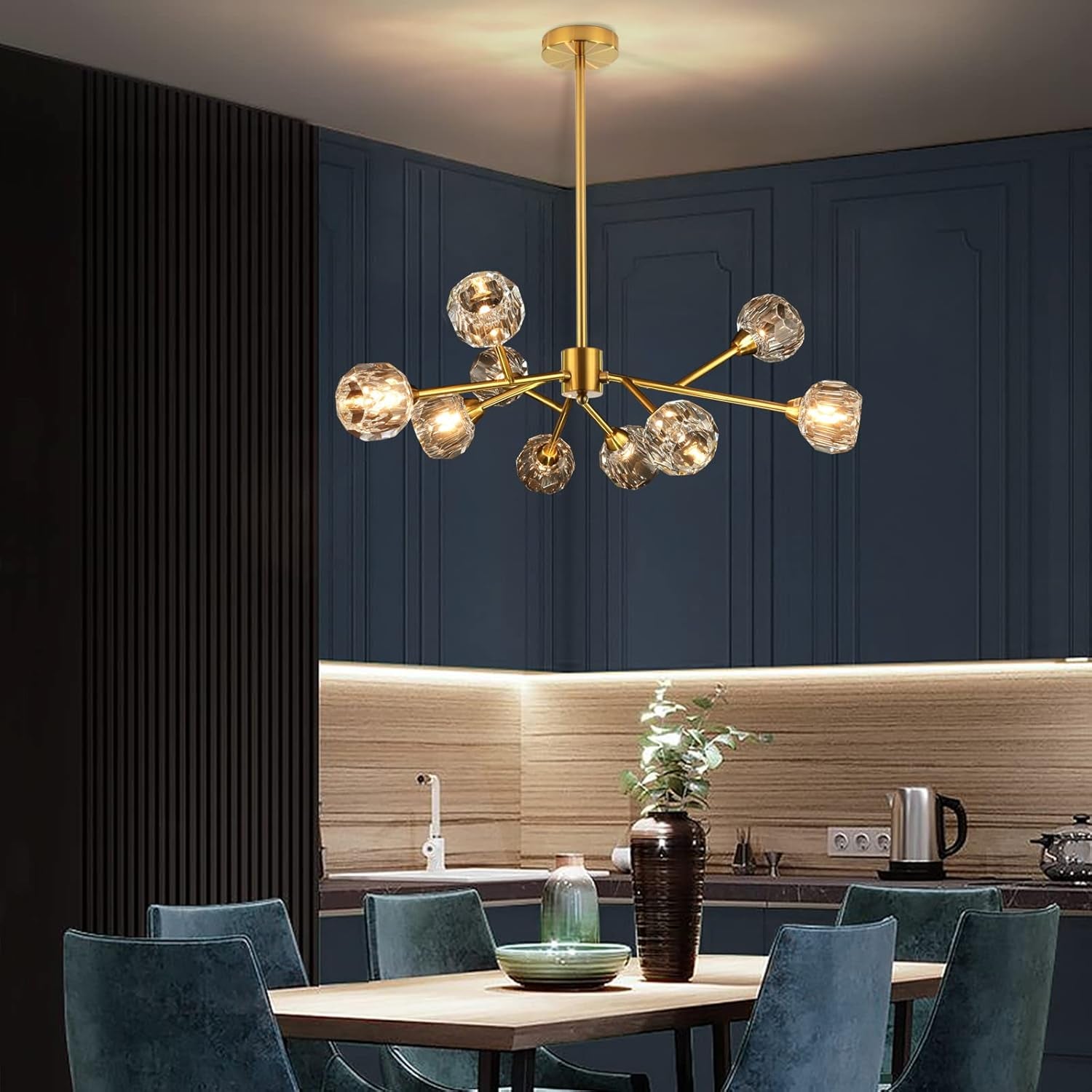 Sputnik Chandeliers for Dining Room Light Fixture over Table, Modern Crystal Chandeliers, 9 Lights Gold Lighting Fixtures for Living Room Bedroom Kitchen Island