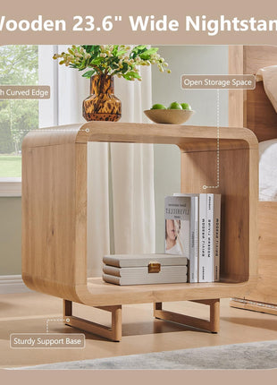 23.6-Inch Contemporary End Table with Integrated Charging Station, Two-Tier Design, Open Storage Shelf, and Electrical Outlet, Wooden Nightstand for Bedroom and Living Room, Easy Assembly, Natural Oak Finish