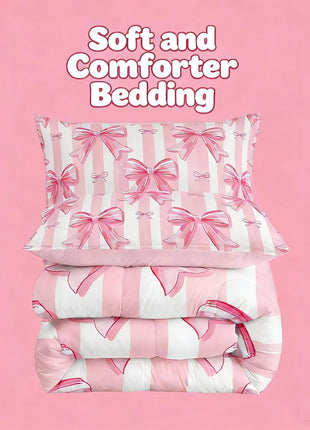 Pink Bowknot Comforter Set - Full Size Dreamy Princess Bedding for Girls' Bedrooms, Kawaii Geometric Bow-Tie Design, All-Season Comforter Set