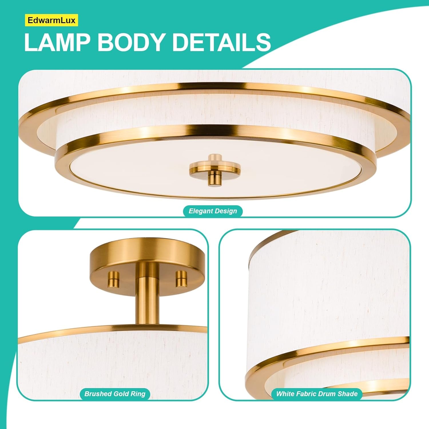 3-Light Semi Flush Mount Ceiling Light, 16" Drum Light with White Fabric Shade, Modern Close to Ceiling Lamp for Living Room Bedroom Dining Kitchen Hallway Entry (Brushed Gold)