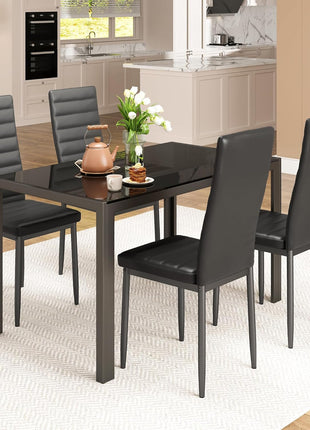 Contemporary 5-Piece Dining Table Set for Four with Tempered Glass, Perfect for Home, Kitchen, Living Room, and Dining Room (Black)
