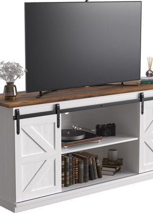 65-Inch Mid-Century Modern TV Stand with Storage Cabinets and Sliding Barn Doors in Bright White