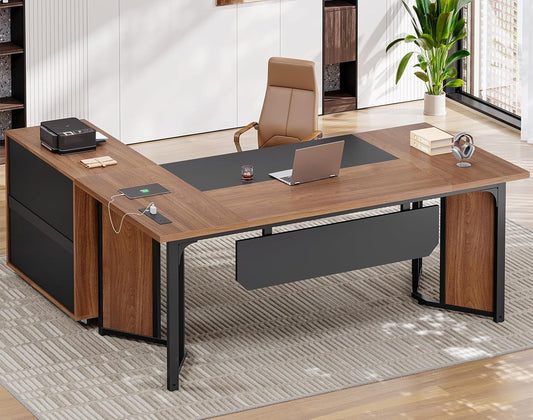 63" Executive Desk with Mobile File Cabinet, Large Office Desk with Drawer, Modern L Shaped Desk with Power Outlets, Storage Shelves, Corner Computer Desk Business Workstation Set (Walnut)