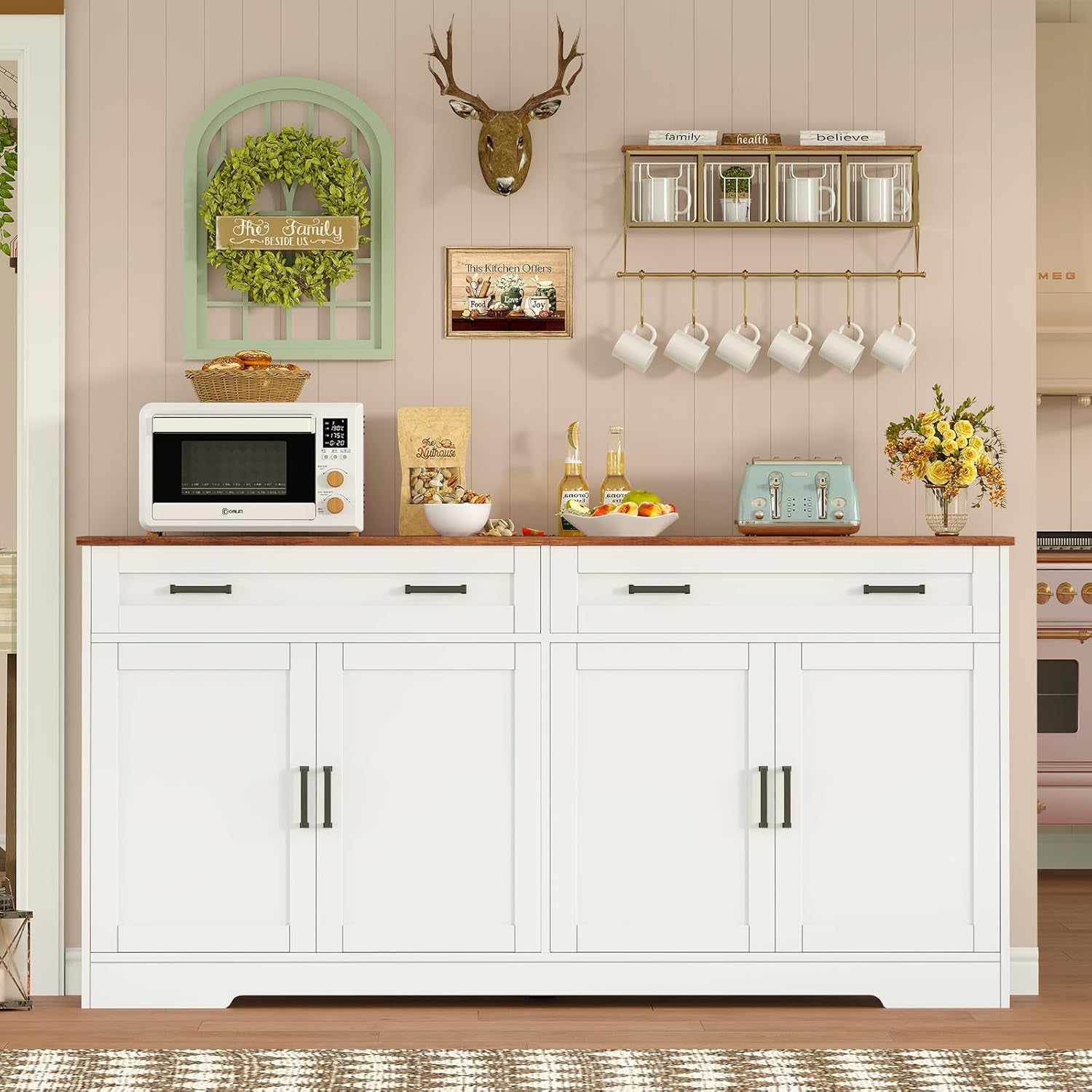 Buffet Cabinet with Storage and Drawers, 55" Large Sideboard Buffet Cabinet with Adjustable Shelves and Doors, Modern Coffee Bar for Kitchen, Living Room, White