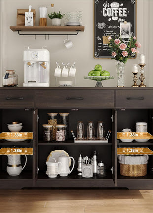 55" Modern Farmhouse Buffet Cabinet with Drawers and Shelves, Dark Brown Wood Sideboard Storage for Kitchen and Dining Room
