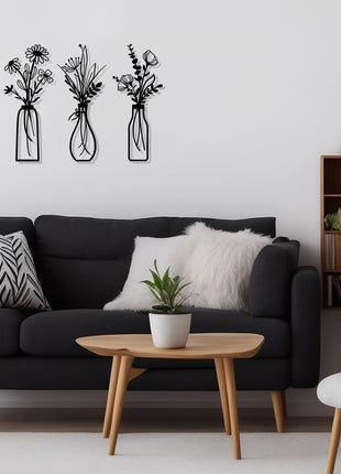 Set of 3 Rustic Black Metal Flower Wall Art - Minimalist Decor for Living Room, Bathroom, Bedroom, and Dining Room - Perfect Housewarming Gift (Black, Vase-C)
