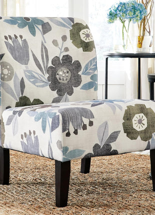 Triptis Floral Armless Accent Chair by Signature Design by Ashley, Fabric Upholstery with Attached Cushions, Wood Legs, 16.63" Seat Height, White, Blue, and Gray