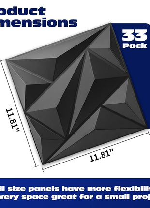 Art3D 33-Pack 3D Diamond Textured PVC Wall Panels for Interior Decoration - Black, 12" x 12", Covers 32 sq. ft., Perfect for Living Rooms, Lobbies, Bedrooms, Hotels, and Offices