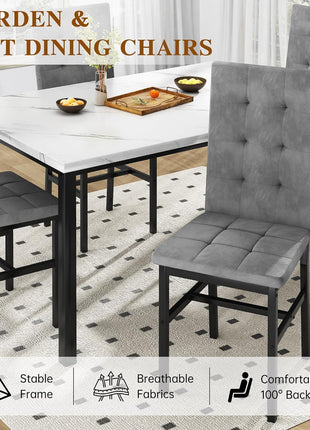 Contemporary Dining Table Set for Four with Faux Marble Surface and Velvet Upholstered Chairs, Perfect for Compact Spaces in White and Grey
