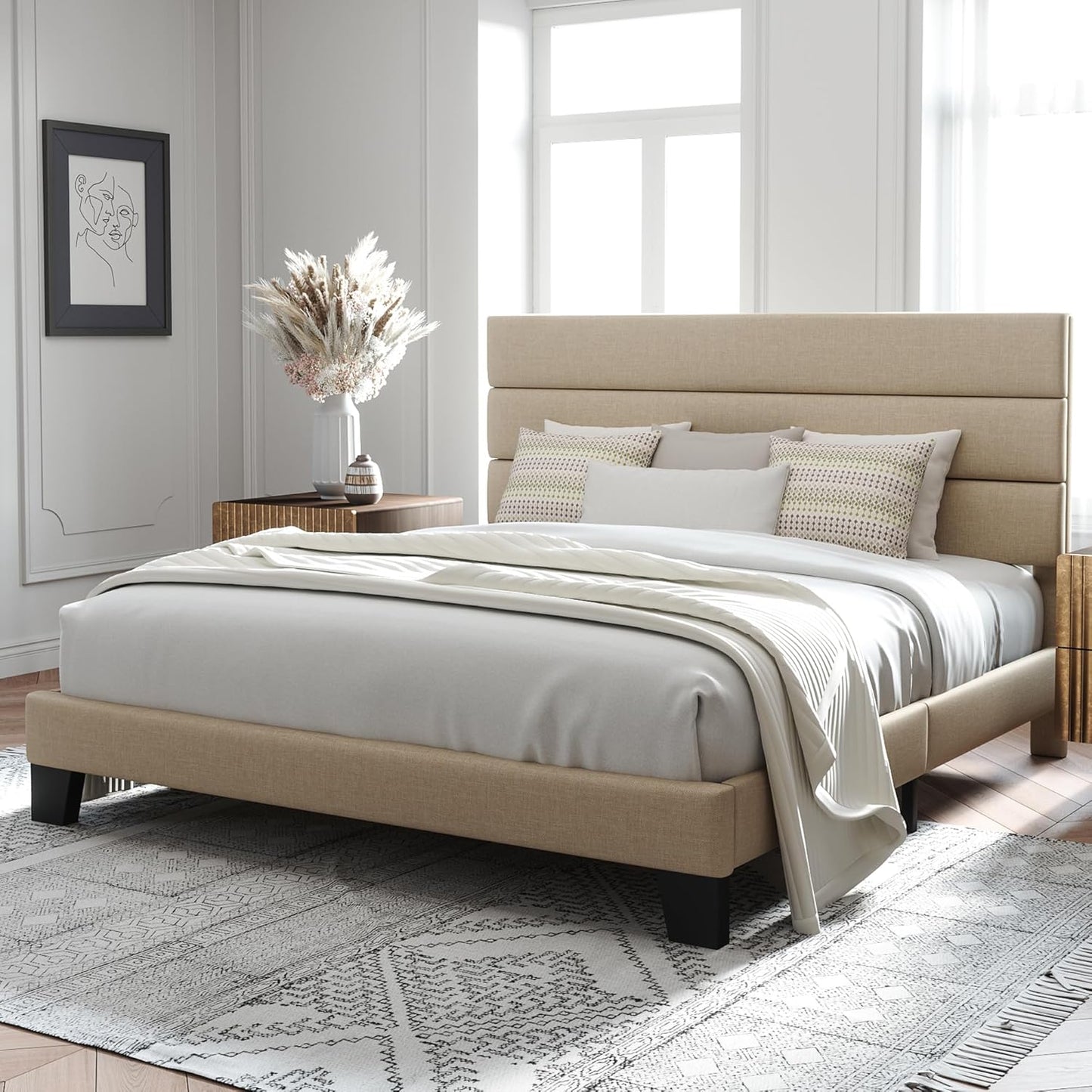 King Size Platform Bed Frame with Fabric Upholstered Headboard and Wooden Slats Support, Fully Upholstered Mattress Foundation/No Box Spring Needed/Easy Assembly, Beige