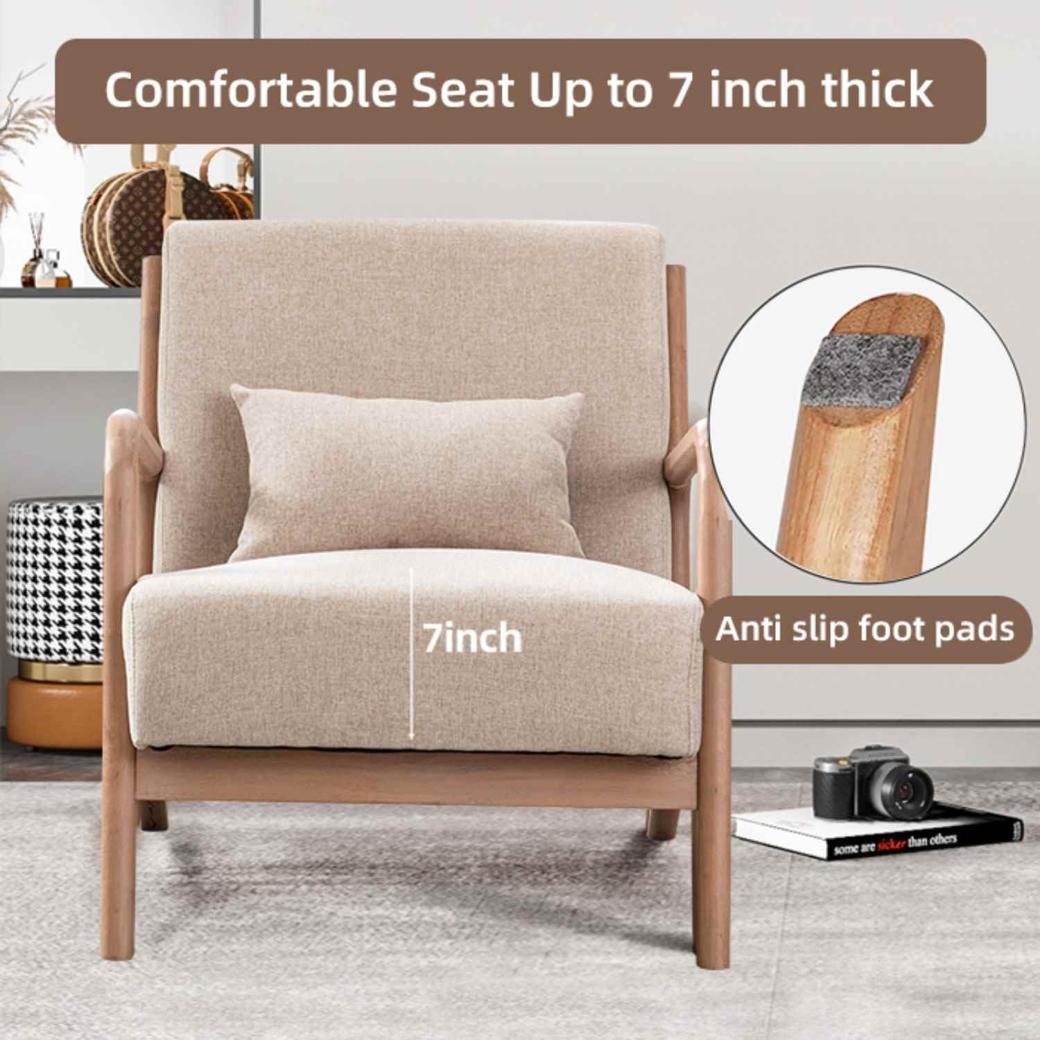 Mid Century Modern Accent Chair with Wood Frame, Upholstered Living Room Chairs with Waist Cushion, Reading Armchair for Bedroom Sunroom (Beige)