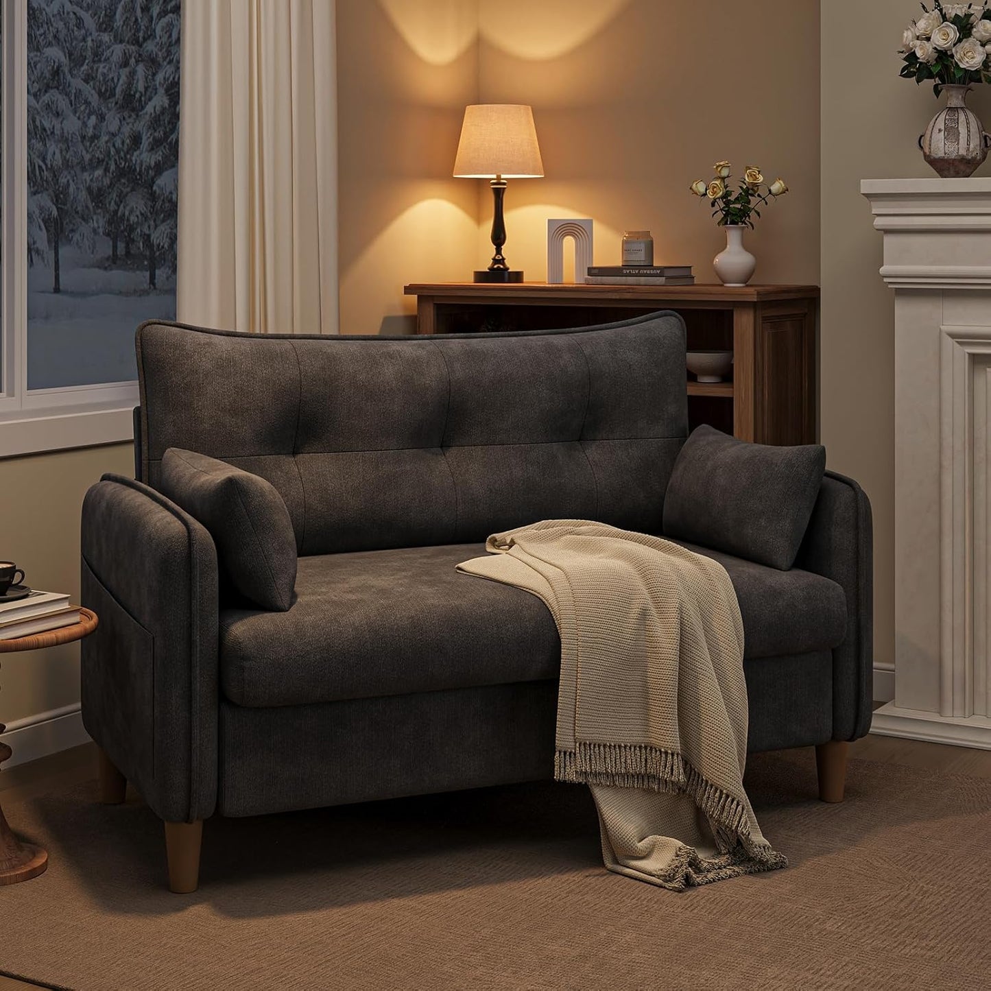 50" Mini Loveseat Couch for Small Space | Tufted Love Seat Couches for Bedroom and Apartment | Small Sofa Dark Grey