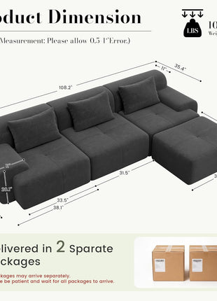 108'' Modular Tufted Sectional Sofa with Ottoman, Deep Seat L-Shape Couch, Dark Grey Corduroy with 3 Throw Pillows - Ideal for Living Room