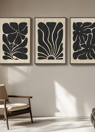 Framed Textured Wood 3D Wall Art - Large Bohemian Floral Triptych in Black and Beige, Abstract Design for Living Room, Office, Bedroom, and Hallway Decor, 24x36 Inches