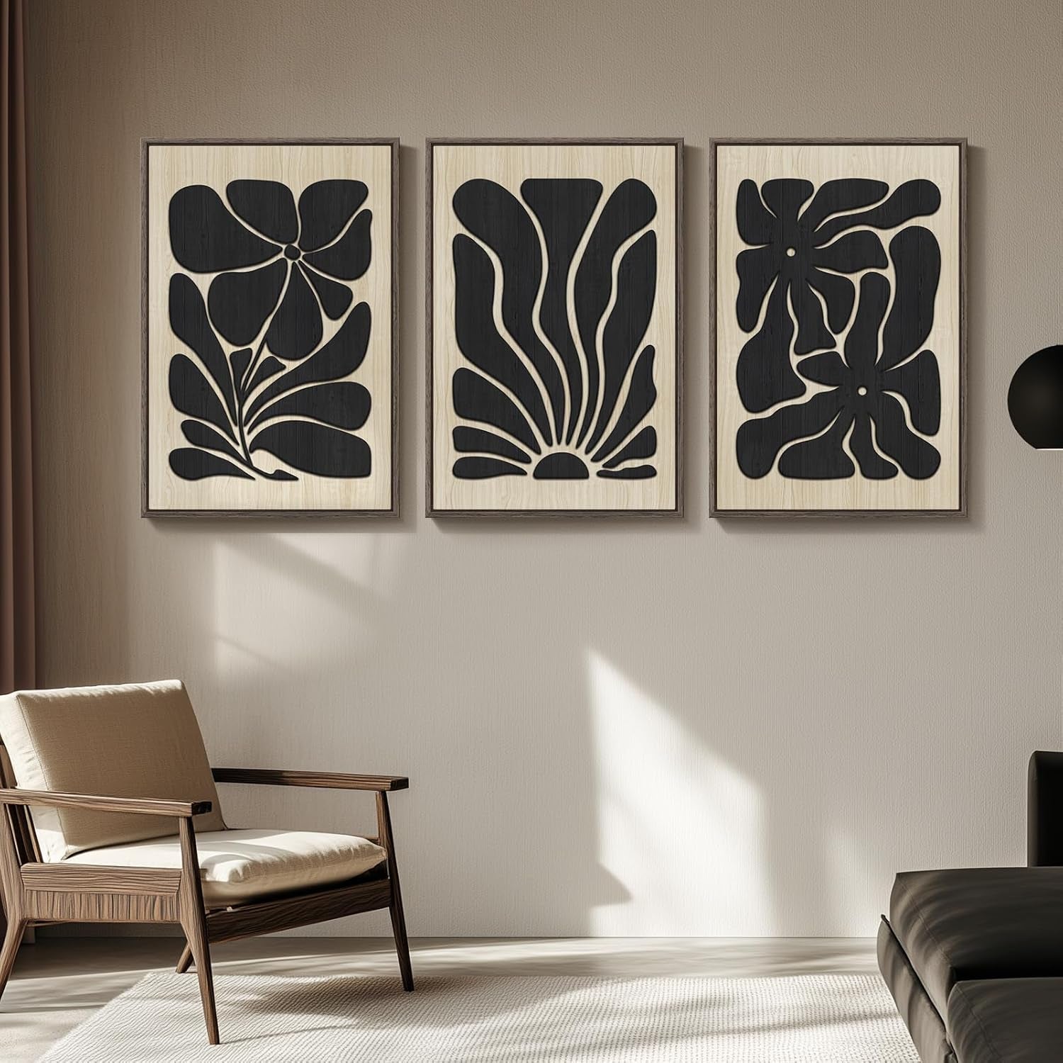 Framed Textured Wood 3D Wall Art for Living Room, Large Boho Floral Black and Beige Artwork for Walls, 3 Piece Abstract Bohemian Flower Wood 3D Art for Office Bedroom Hallway Wall Decor, 24X36 Inch