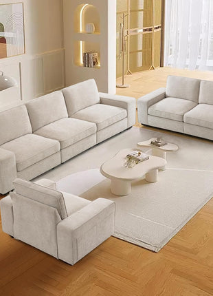 100-Inch Modular Sofa with Storage Seats, Comfortable 3-Seater Chenille Fabric Couch for Living Room, Office, Apartment with Deep Seating, Wide Arms, Side Pockets, USB Ports, and Removable Upholstered Covers in Beige