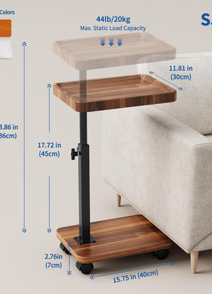 Adjustable Height C Table with 360° Swivel and Mobility Wheels for Compact Living Areas - Walnut Finish