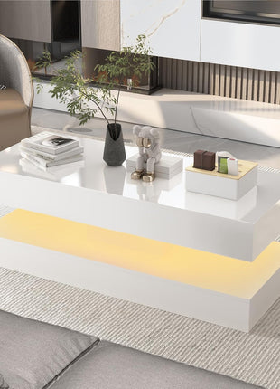 47.3-Inch High Gloss LED Coffee Table with Dual Storage Drawers, Modern Black and White Design for Living Room, App-Controlled LED Lighting