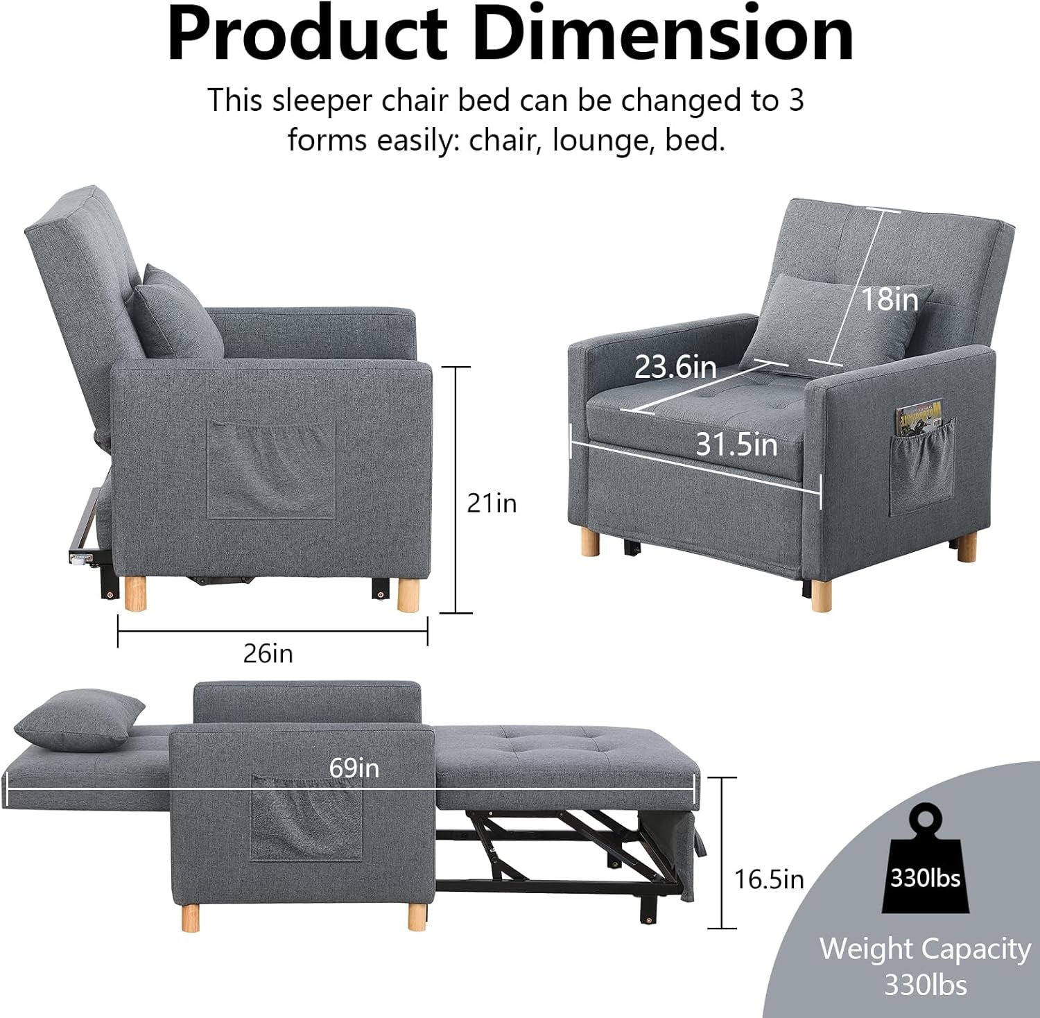 Sleeper Chair,Convertible Sleeper Sofa Chair,Pull Out Sleeper Chair with Adjustable Backrest,Multi-Functiona Lounge Chair for Living Room(Gray)