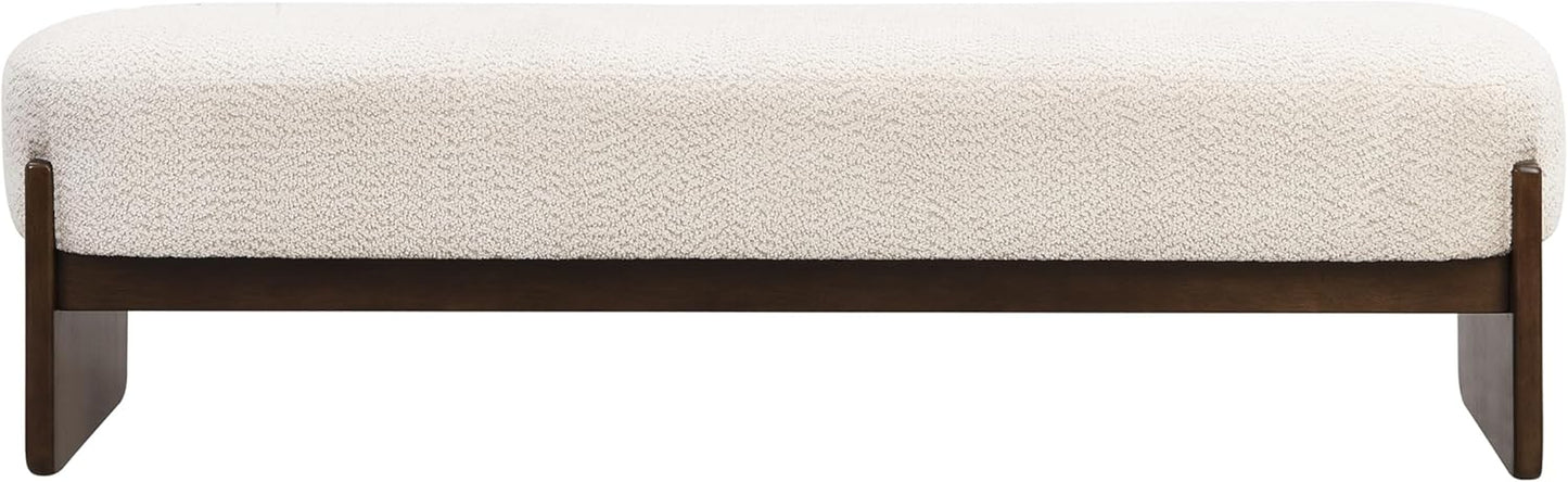 Arden Minimalist Style Rectangular Loop Yarn Fabric Ottoman Bench, Rubberwood Frame, Entryway Bench, Living Room Sofa Extra Seat, End of Bed Footstool, Beige+Brown