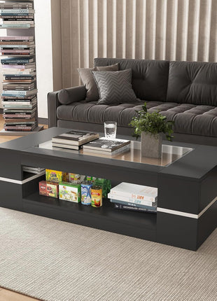 47.2" Contemporary Rectangular Glass-Top Coffee Table with Dual-Tier Wooden Storage for Living Room, Black