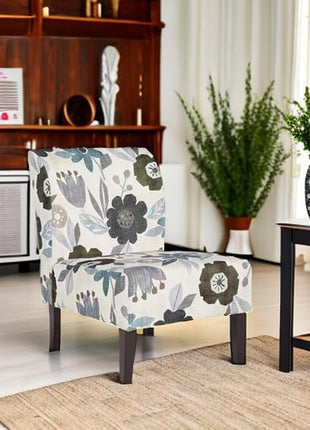 Triptis Floral Armless Accent Chair by Signature Design by Ashley, Fabric Upholstery with Attached Cushions, Wood Legs, 16.63" Seat Height, White, Blue, and Gray