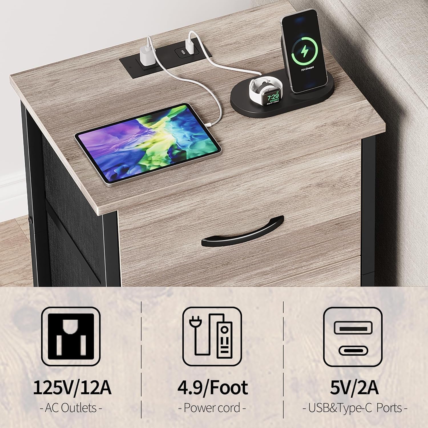 Nightstand Set of 2 with Charging Station, End Table Bedside Table with Power Outlet & USB Ports, Side Table with 2 Fabric Drawers for Bedroom, Living Room, Greige