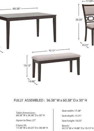 Langwest Dining Room Table Set by Signature Design by Ashley, Featuring 4 Upholstered Chairs and a Bench, Accommodates 6, Cushioned Seating, Cherry Brown Wood Finish