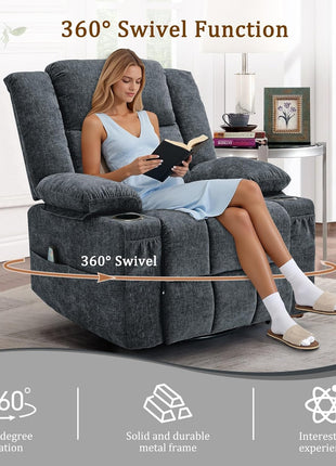 360° Swivel Rocker Recliner Chair for Adults with Massage and Heating Function, Nursery Glider Recliner Featuring Cup Holder, Manual Recliner for Living Room and Bedroom (Fabric, Dark Gray)