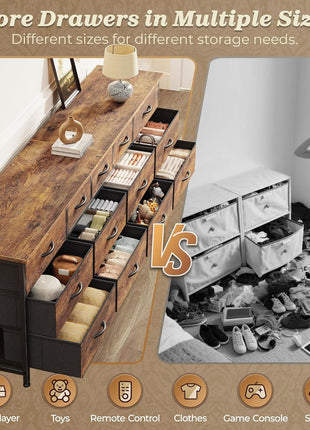 70-Inch Rustic Brown Dresser and Entertainment Center with 13 Fabric Drawers, Compatible with 65 to 80 Inch TVs