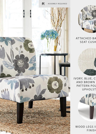 Triptis Floral Armless Accent Chair by Signature Design by Ashley, Fabric Upholstery with Attached Cushions, Wood Legs, 16.63" Seat Height, White, Blue, and Gray