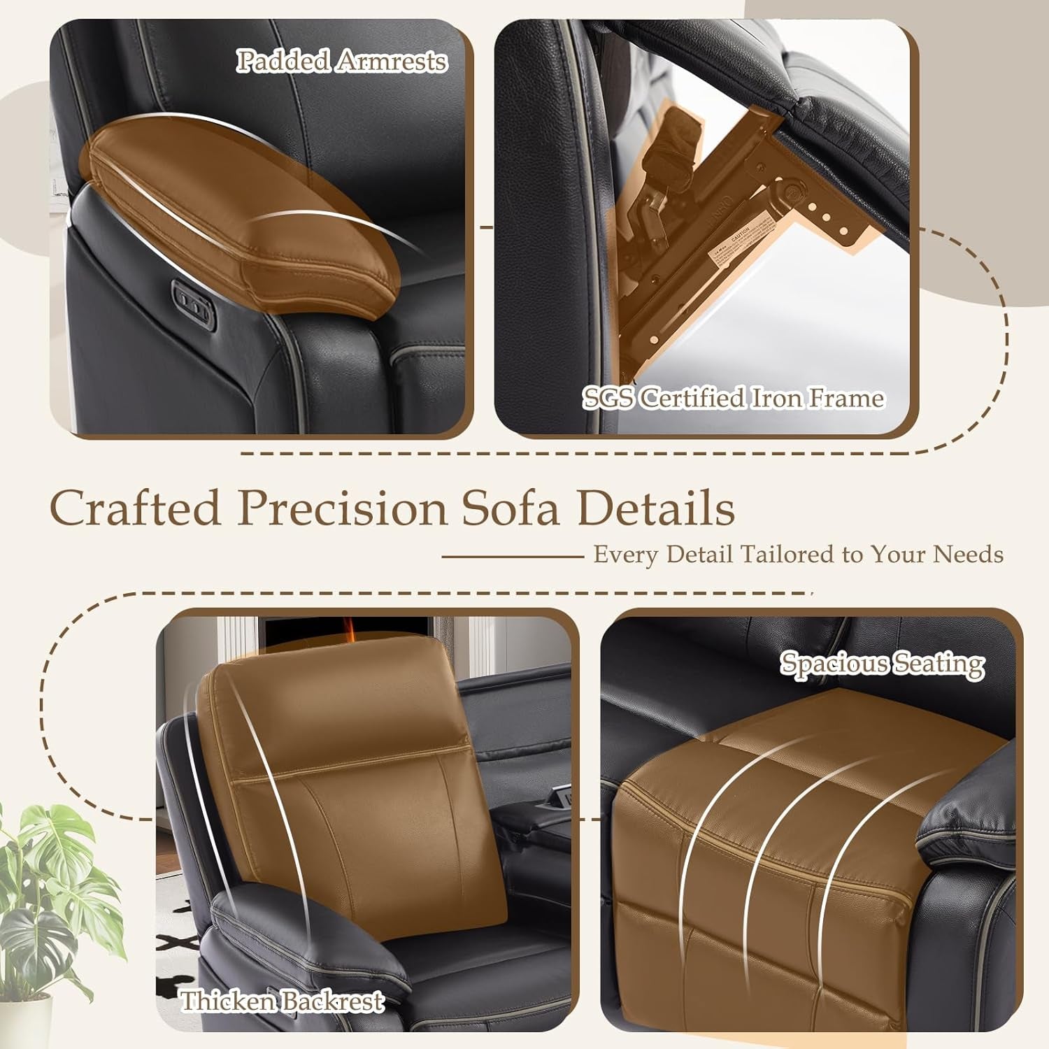 Power Reclining Sofa with Fold down Table, Breathable Leather Electric Reclining Couch, Power Loveseat Recliner Sofa with Cup Holders/Outlets/Usb-C/A Ports for Living Room (Black, 3 Seat)