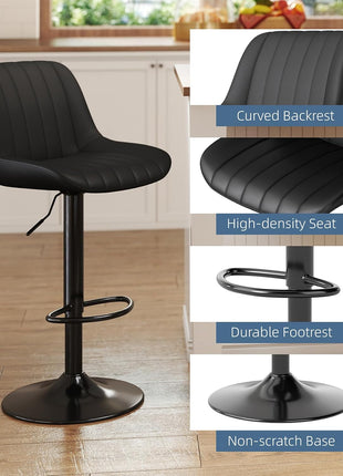 Set of 2 Adjustable Swivel Counter Height Bar Stools with Backrest, Armless PU Leather Kitchen Island Chairs in Black