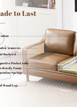 Mid-Century Modern Living Room Set: Elegant 3-Seater Sofa and Two Armchairs in Brown Faux Leather