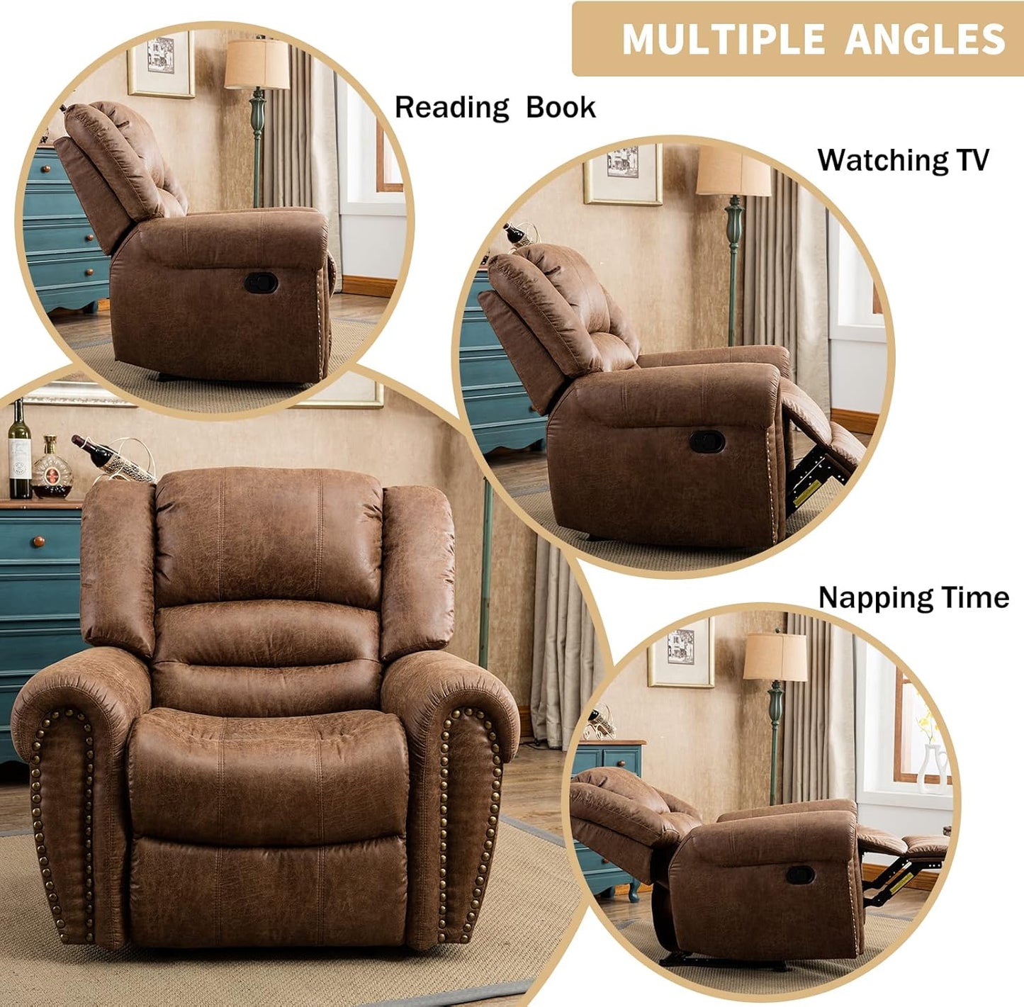 Leather Recliner Chair, Classic and Traditional Manual Recliner Chair with Comfortable Arms and Back Single Sofa for Living Room, Nut Brown