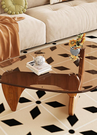 CAJCA Mid-Century Modern Coffee Table with Glass Top and Brown/Walnut Wood Base for Living Room