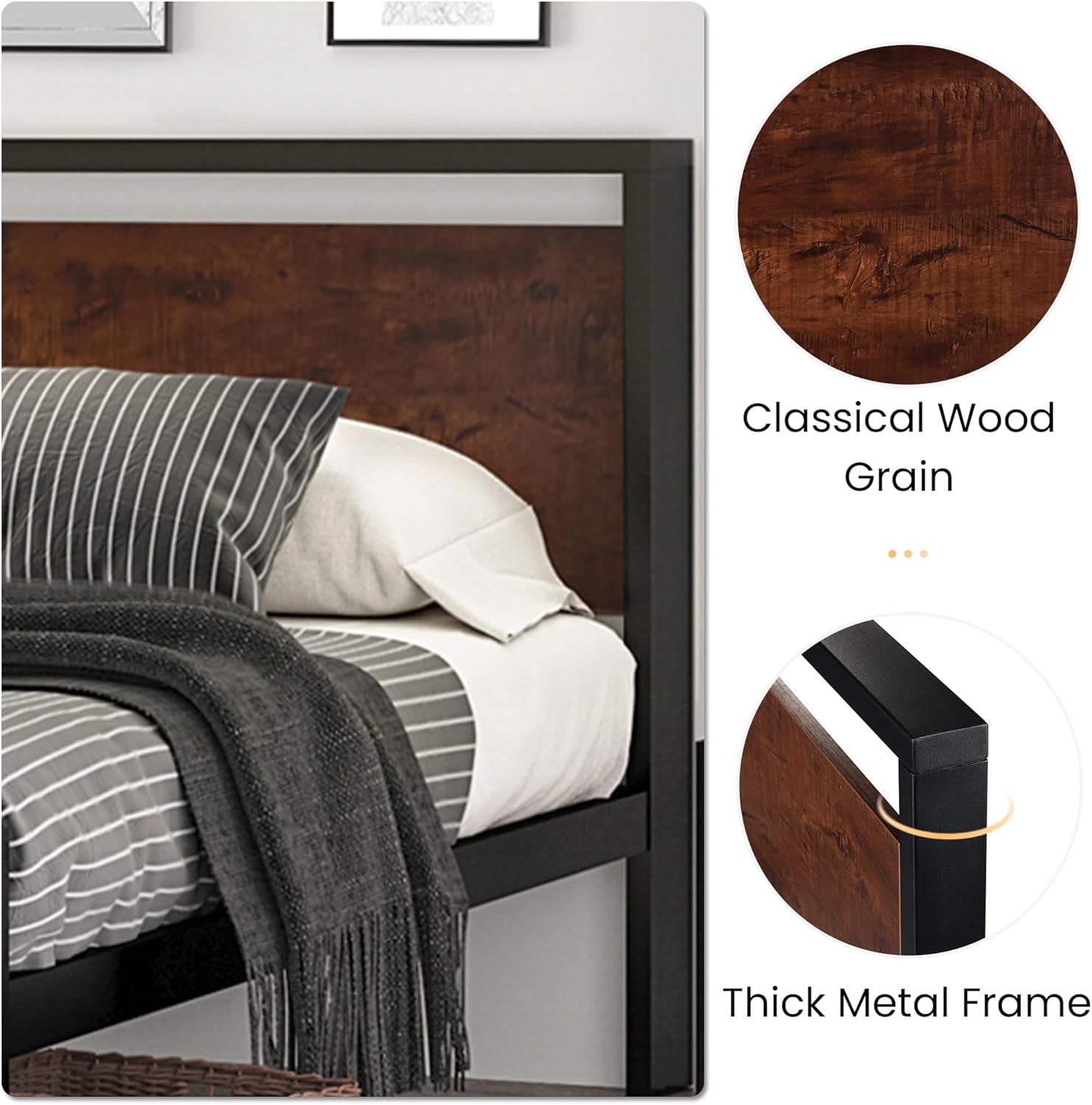 14 Inch Queen Size Metal Platform Bed Frame with Wooden Headboard and Footboard, Mattress Foundation, No Box Spring Needed, Large under Bed Storage, Non-Slip without Noise, Mahogany