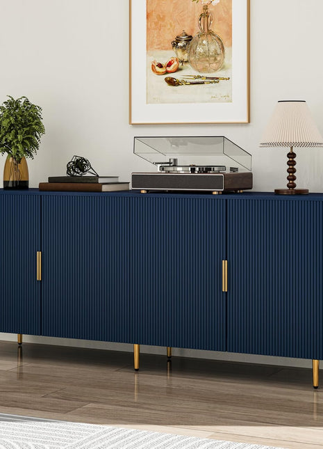 65-Inch Contemporary Fluted Sideboard Buffet Cabinet with Storage, 4 Doors and Adjustable Shelves, Perfect for Kitchen, Dining Room, Living Room, Hallway, and Entryway in Blue