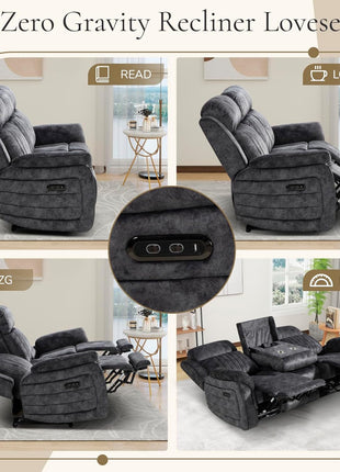 Power Reclining Sofa with Zero Gravity Feature, Adjustable Headrest, Electric Reclining Mechanism, Wireless Charging, and Outlets - Grey 3-Seater Loveseat for Living Room