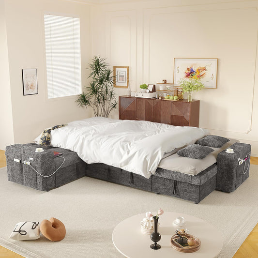 Modular Sectional Sleeper Sofa with Pull Out Bed, U Shaped 7 Seat Sectional Couches for Living Room, 108 Inch Sofa Bed with Adjustable Backrest | Hidden Storage | Wide Armrest | Grey