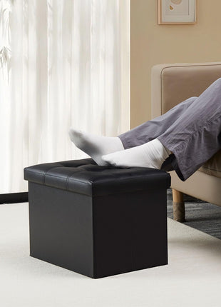 Compact Leather Folding Storage Ottoman with Thick Foam Padding, 17x13x13 Inches, Black