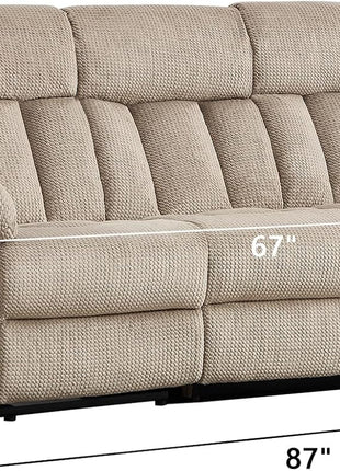 Manual Reclining Sofa Set with Overstuffed Armrests for Living Room, Bedroom, and Office - 3-Seater in Light Brown