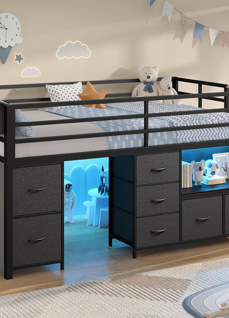 Twin Size Low Loft Bed with 7 Storage Drawers, Bookcase, LED Lights, Safety Guardrail, Inclined Ladder, Play Curtain, and Under-Bed Play Space in Black